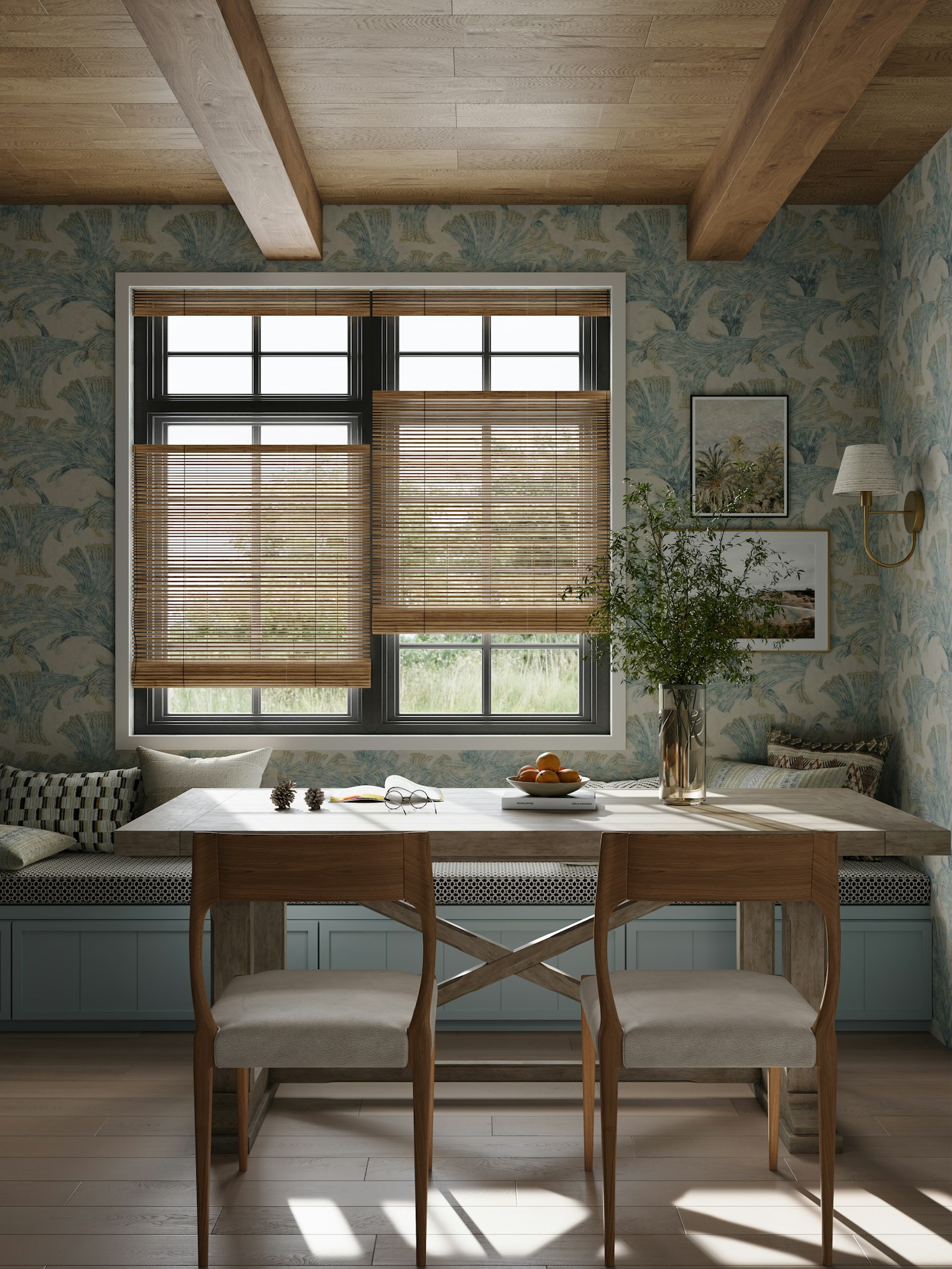 Custom bottom up woven wood shades in a cozy dining nook