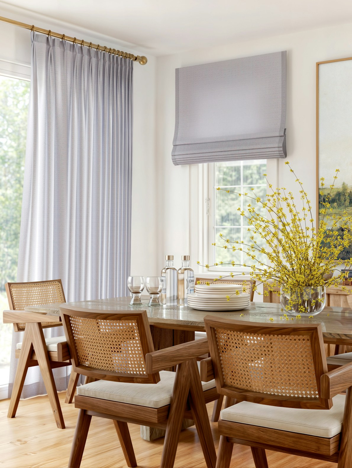 Flat Roman shade with drapery and hardware