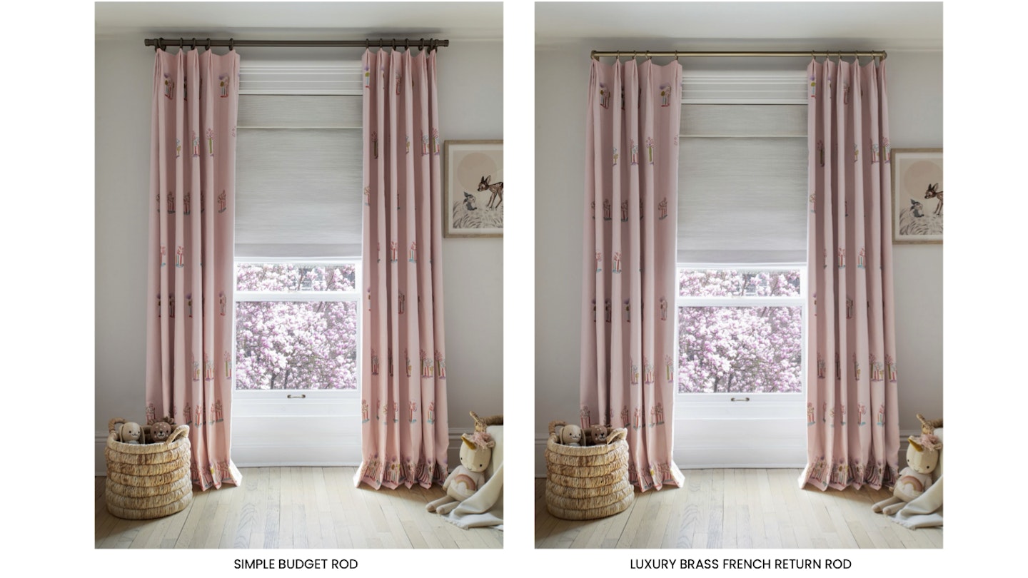 Side-by-side view of luxury and budget decorative curtain rods in a living room, showing differences in rod design and hardware finishes.