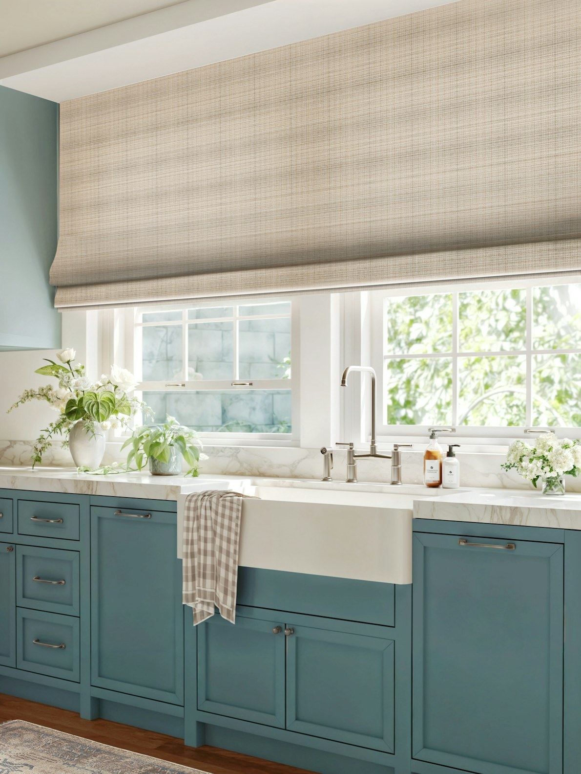 Plaid flat Roman shades in a kitchen
