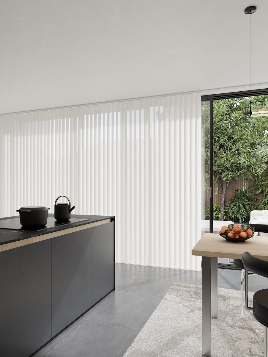 Soft white vertical blinds in a kitchen