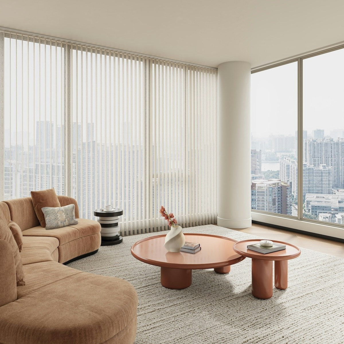 Modern living room with fabric vertical blinds offering superior light control and privacy, complementing the room’s stylish decor.