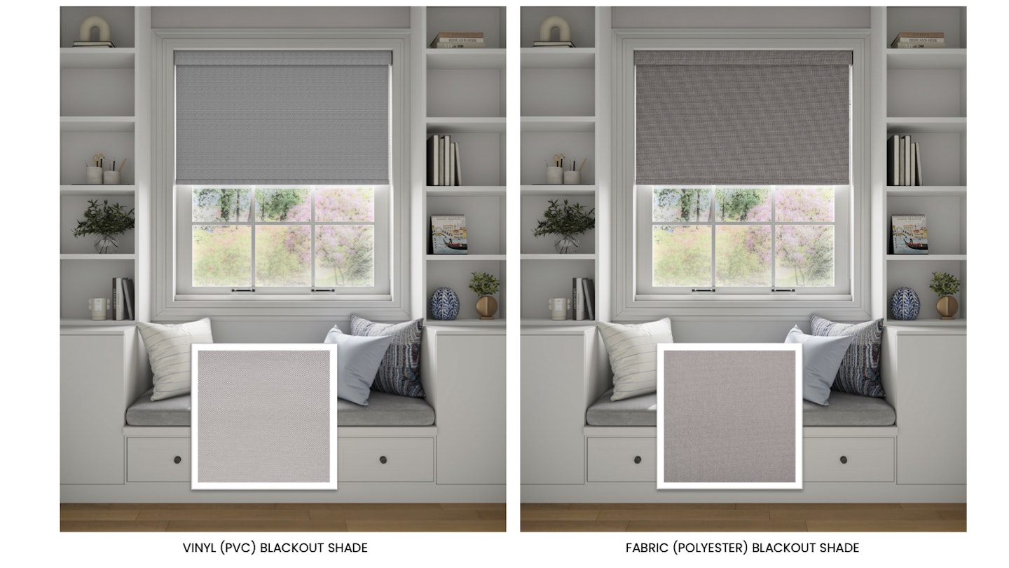Side-by-side comparison of fabric and vinyl roller shades showing texture and light filtering differences.