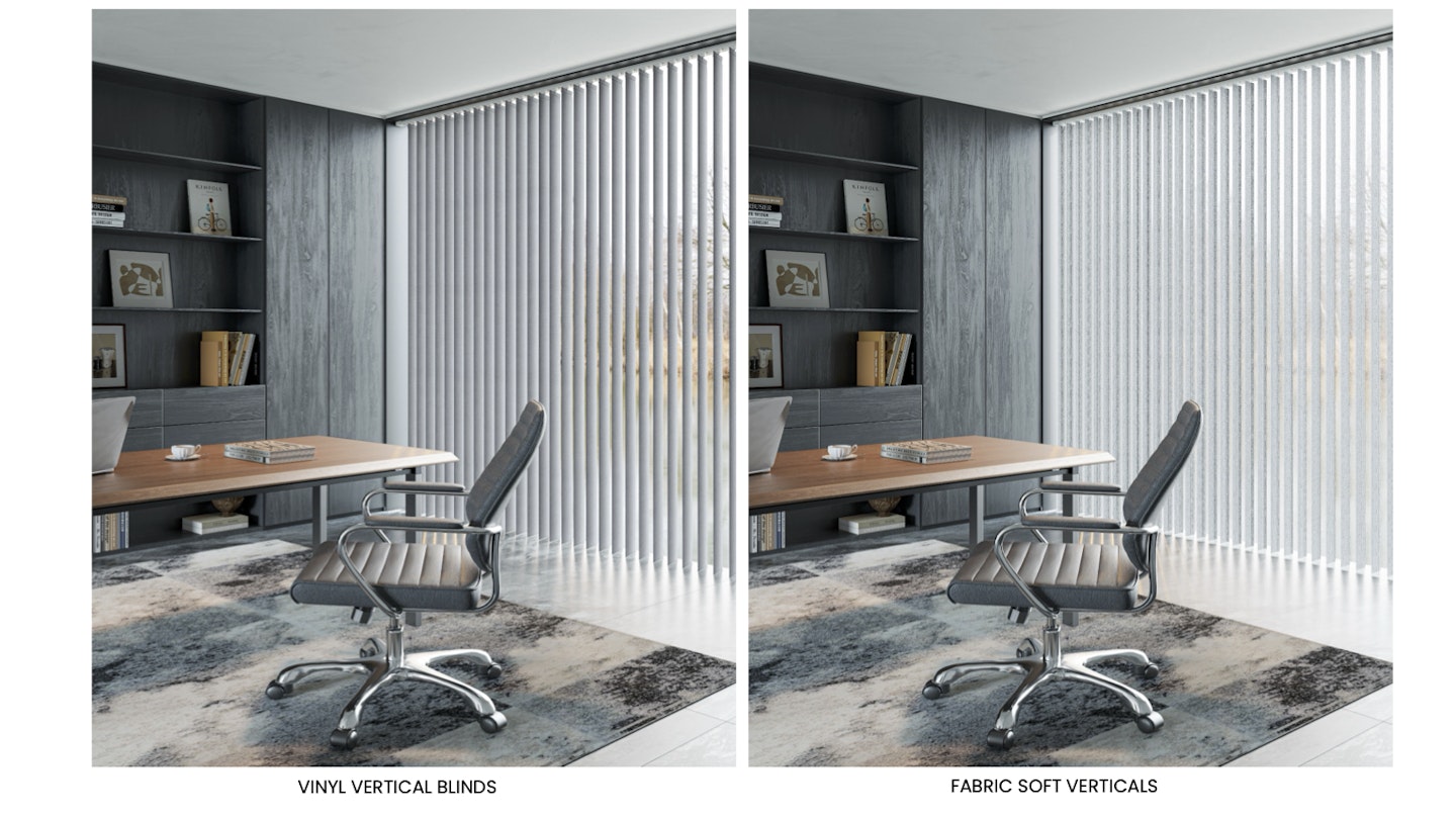 Side-by-side view of fabric and vinyl vertical blinds on large windows, showing differences in texture, light filtering, and style.
